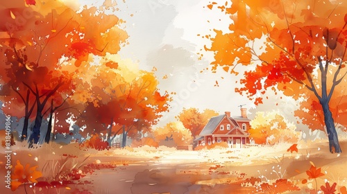 A Watercolor Painting of a Quaint House Nestled Among Vibrant Autumn Trees, with Golden Leaves Falling Gracefully photo