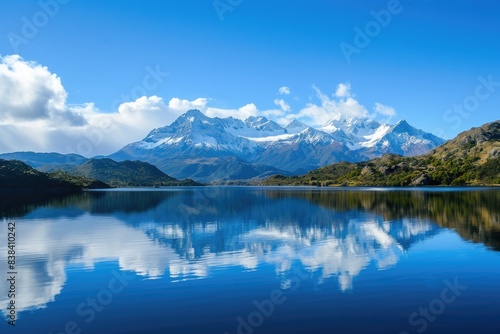 a lake with a mountain in the background, a lake with a mountain in the background, serene lake surrounded by snow-capped mountains © SaroStock
