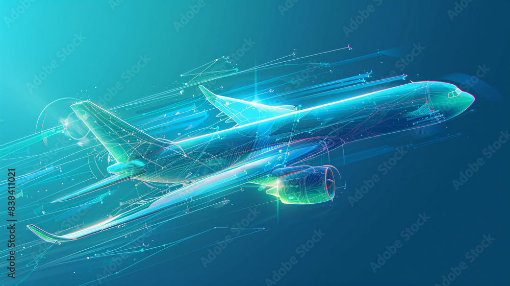 Illustration of an airplane or aircraft in a futuristic technological style. Delivery plane cruising at high altitude, with intricate blue and green thin technology lines along its structure. Illustration of an airplane or aircraft in a futuristic technological style. Delivery plane cruising at high altitude, with intricate blue and green thin technology lines along its structure.