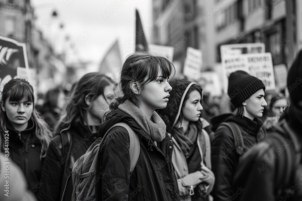 a group of people standing in a crowd, Focused young protester in crowd, street protest or demonstration a group of people standing in a crowd, Focused young protester in crowd, street protest or demonstration
