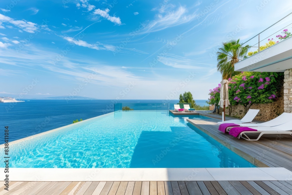 Fototapeta premium A luxurious summer scene featuring a sunbathing deck and private swimming pool near the beach, with a stunning panoramic sea view from a lavish house