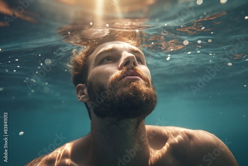 a handsome man with brown hair and beard floating underwater