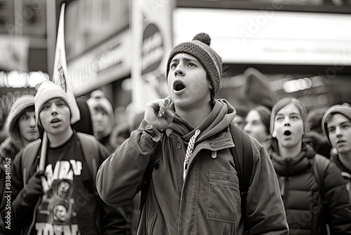 a group of people standing in a crowd, Focused young protester in crowd, street protest or demonstration