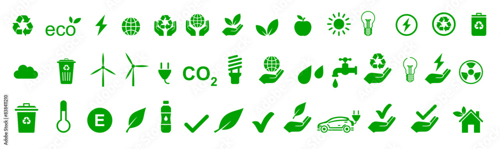 eco or environment icons collection - vector solid fill. green vector ecology icons on white background eco or environment icons collection - vector solid fill. green vector ecology icons on white background