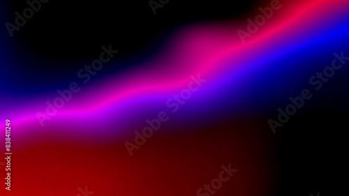 Abstract animated background featuring a slowmoving, glowing wave of pink, purple, and blue light on a dark backdrop. Seamless looping motion graphic.