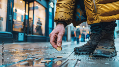 Hand picking up a coin from the street on a rainy day. Serendipitous urban moment.