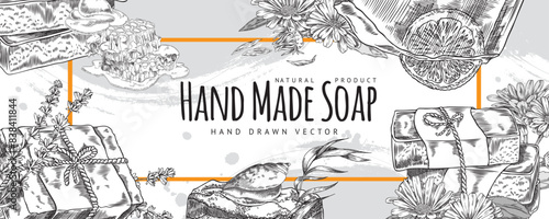 Vector banner with an empty space for text and a frame of sketches of eco handmade soap
