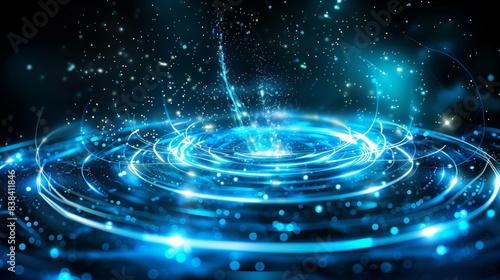 Abstract Blue Light Waves with Glittering Particles on a Dark Background, Perfect for Technology, Science, and Futuristic Designs