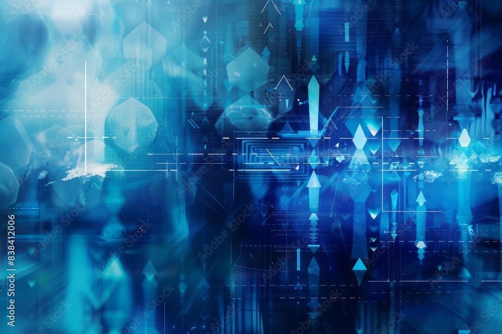A surreal abstract blue background with whimsical arrows and technology motifs, conveying business, data transfer, and digital marketing, on a dreamlike, blurred geometric backdrop A surreal abstract blue background with whimsical arrows and technology motifs, conveying business, data transfer, and digital marketing, on a dreamlike, blurred geometric backdrop