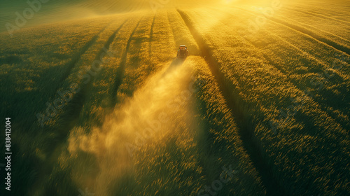 Tractor spraying pesticides in a field during sunset.