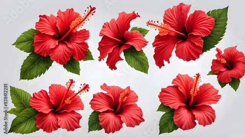 set-of-tropical-red-hibiscus-flowers-isolated-on-transparent-background