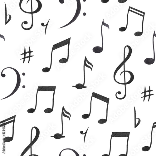 Seamless pattern of musical notes. Watercolor hand drawn illustration on white background. For fabrics, textiles, wallpaper on the theme of music, rock, jazz.