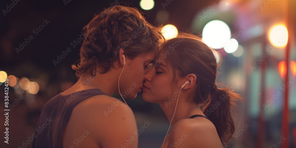 A young couple kissing in the street at night A young couple kissing in the street at night