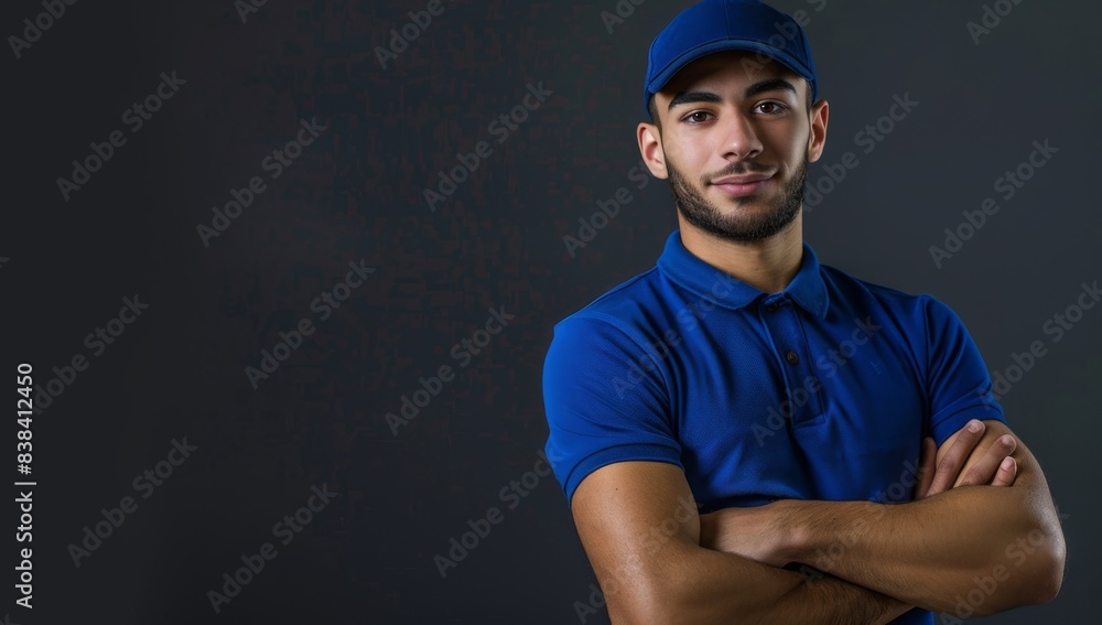 A handsome young delivery man with a blue polo shirt and cap, crossed his arms and posed, standing isolated on a dark grey background with copy space A handsome young delivery man with a blue polo shirt and cap, crossed his arms and posed, standing isolated on a dark grey background with copy space