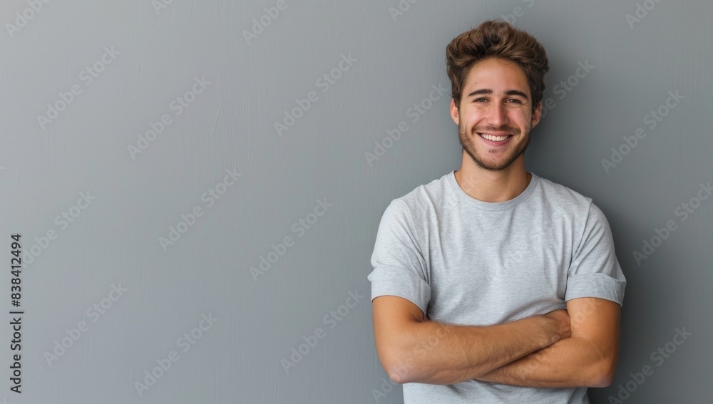 A handsome young man smiling with his arms crossed against a grey background, wearing casual with a confident and happy expression in a studio portrait.