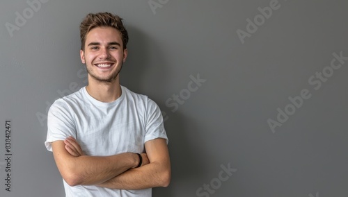 A handsome young man smiling with his arms crossed against a grey background, wearing casual with a confident and happy expression in a studio portrait. © MD Media