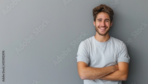 A handsome young man smiling with his arms crossed against a grey background, wearing casual with a confident and happy expression in a studio portrait. photo