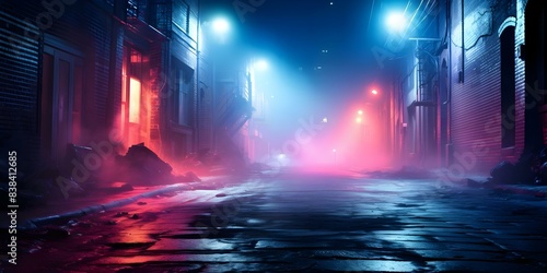 Neon spotlights illuminate a dark empty alley with drifting smoke. Concept Film Noir  Neon Lights  Urban Setting  Mysterious Vibe