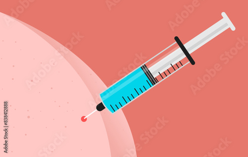 Vaccine shot injection - Syringe needle injected and inserted on butt cheek skin in close up. Vaccination, medicine and immunisation concept illustration in cartoon flat design vector style