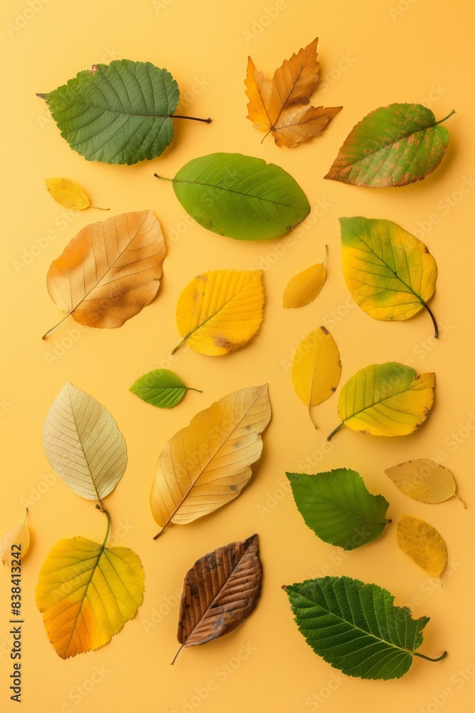 Obraz premium Flat lay composition made of leaves different sizes ,shapes and colors gradient from yellow to green. Minimalistic autumn background.