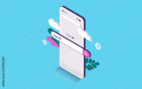 Searching on internet with mobile phone -  Smartphone screen with search bar field popping out. Online search engine concept in isometric vector illustration with clouds and light blue background