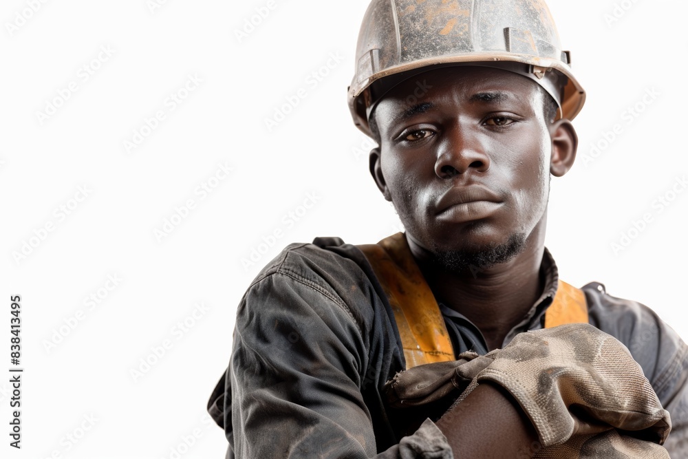An African American man in construction attire poses against a white backdrop. An African American man in construction attire poses against a white backdrop.