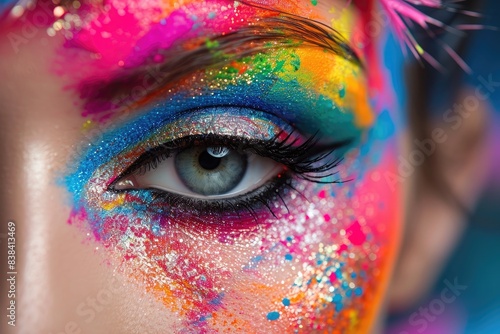 a woman with a colorful make up and eyeliner, a woman with a colorful make up and eyeliner, Bring out the lively spectrum of colors and varied textures