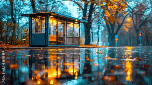 Bus stop under an early evening sky, raindrops on the pavement reflecting street and bus lights, creating a vibrant scene. photo