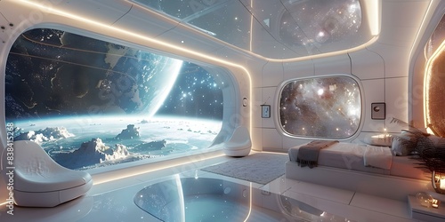 Weightless Relaxation and Stellar Views Spa in Space Hotel. Concept Space Travel, Relaxation, Spa Experience, Weightless Environment, Luxury Hotel photo