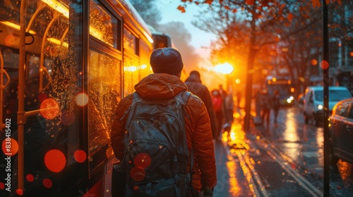 Crowded urban bus stop during sunset with people waiting  vibrant reflections on a wet bus surface  and a golden city backdrop.