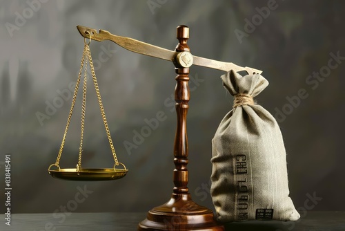 Illustration symbolizing the impact of financial influence on justice, showing a gavel and a money bag on a balance scale photo