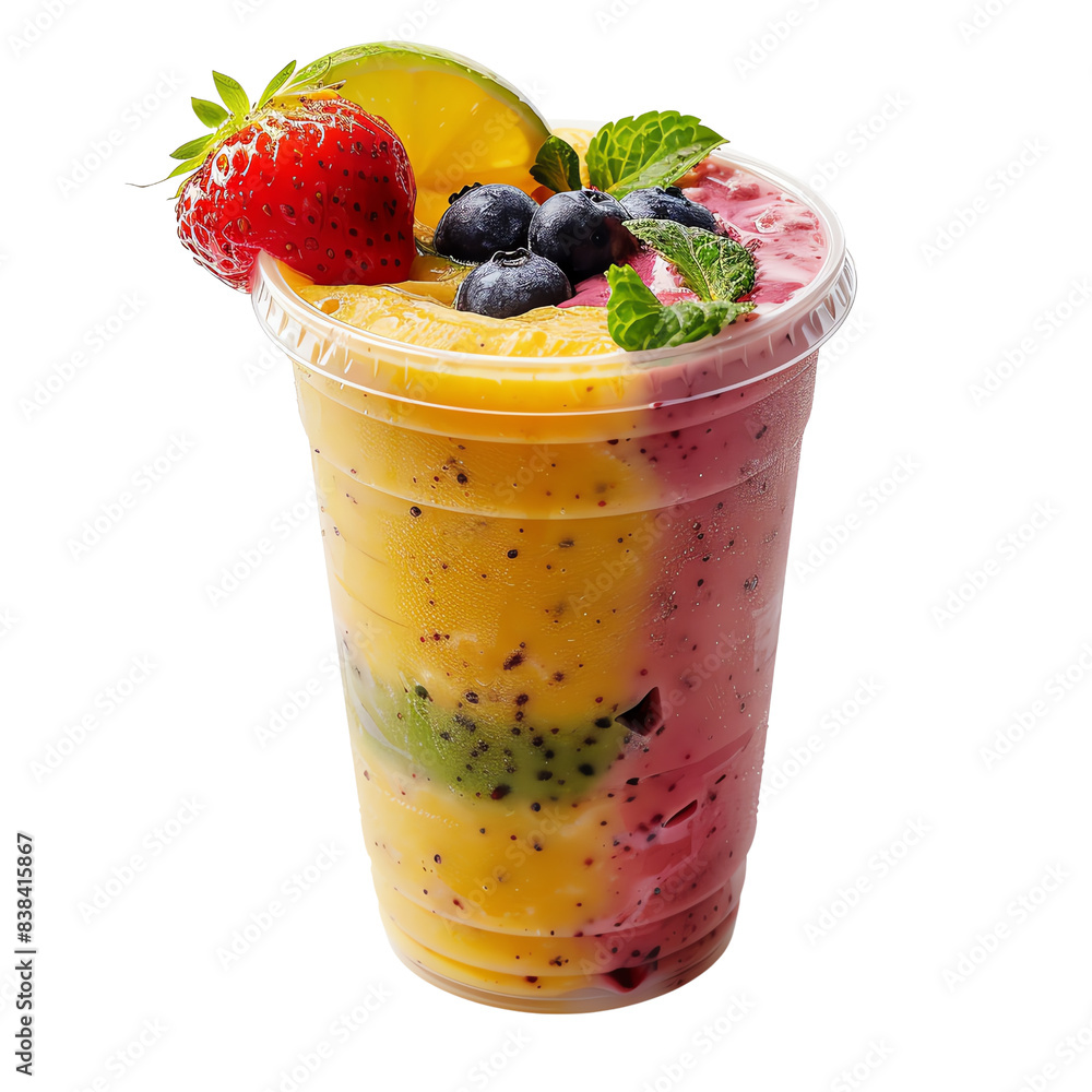 Colorful mixed fruit smoothie in a plastic cup with strawberries, blueberries, lemon slice, and mint leaves garnish, isolated on white background. Colorful mixed fruit smoothie in a plastic cup with strawberries, blueberries, lemon slice, and mint leaves garnish, isolated on white background.