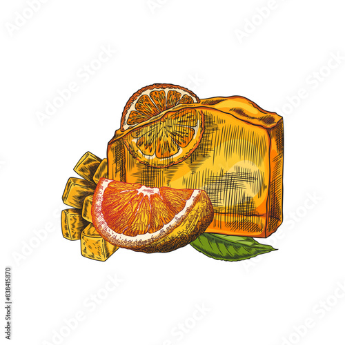 Vector sketch of handmade orange soap with organic essence of mango and orange on a white background