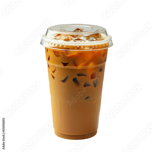 Iced coffee in a clear plastic cup with a lid, filled with ice cubes and creamy brown coffee, isolated on a white background.