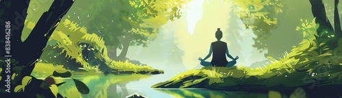 Serene illustration of a person meditating by a tranquil river in a lush, green forest, illuminated by soft, mystical light.