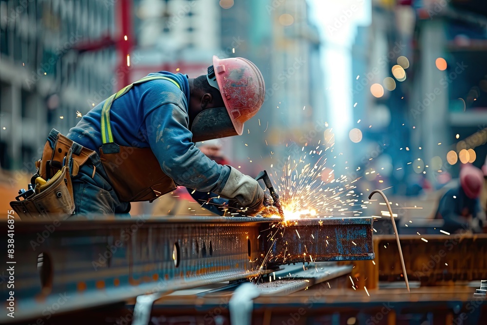 two men working on a steel beam, two men working on a metal beam, Construction workers welding steel beams on-site two men working on a steel beam, two men working on a metal beam, Construction workers welding steel beams on-site