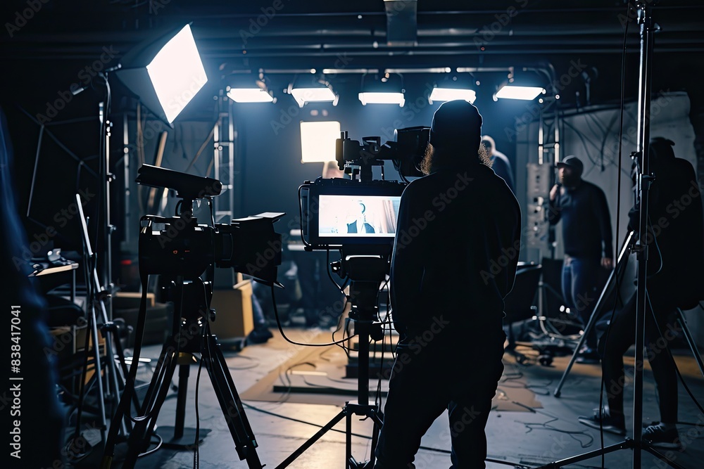 a man is filming a video in a dark room, a man is filming a video in a dark room, Controlled studio lighting setup for precise and consistent results