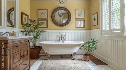 An elegant Colonial bathroom with white wainscoting and light blue walls The room features a clawfoot tub