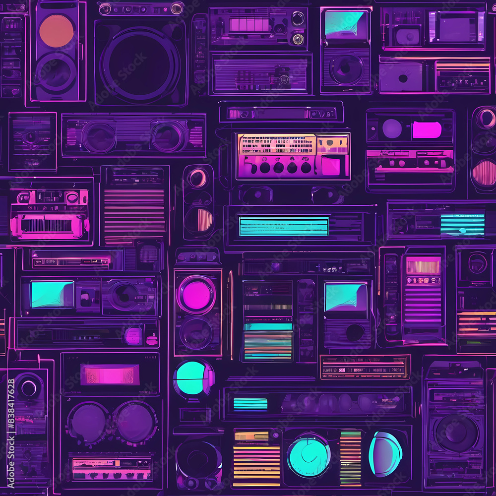 Vibrant image featuring an array of electronic devices in a neon punk palette, perfect for tech enthusiasts and retro-futuristic themes Vibrant image featuring an array of electronic devices in a neon punk palette, perfect for tech enthusiasts and retro-futuristic themes