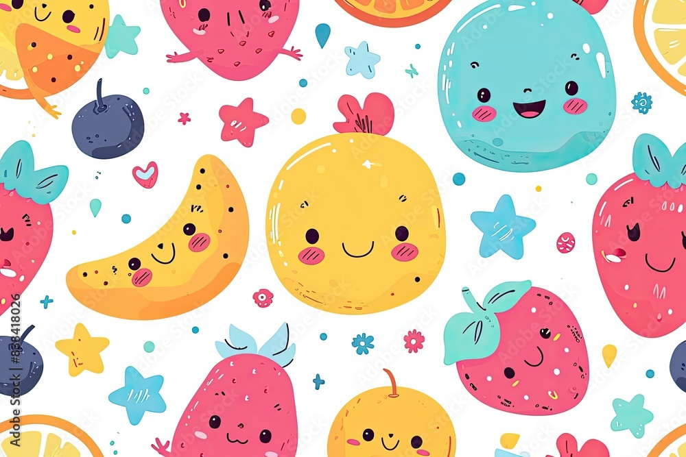 Cheerful cartoon fruits, a pattern of fruit and vegetables with faces, Cute kawaii-style vector pattern with adorable elements and vibrant colors Cheerful cartoon fruits, a pattern of fruit and vegetables with faces, Cute kawaii-style vector pattern with adorable elements and vibrant colors