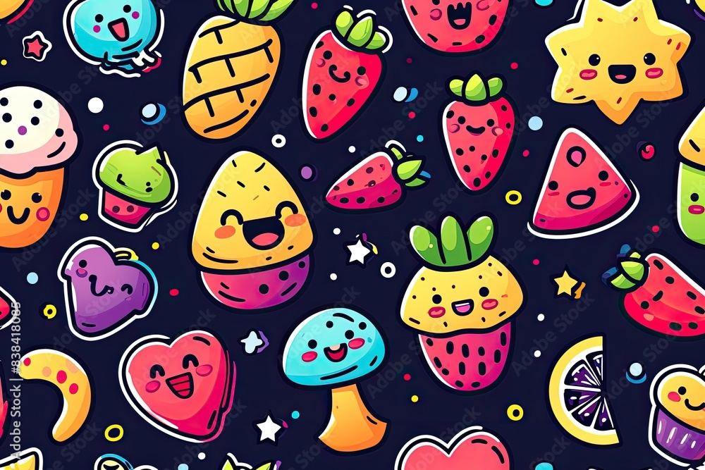 Cheerful cartoon fruits, a pattern of fruit and vegetables with faces, Cute kawaii-style vector pattern with adorable elements and vibrant colors Cheerful cartoon fruits, a pattern of fruit and vegetables with faces, Cute kawaii-style vector pattern with adorable elements and vibrant colors