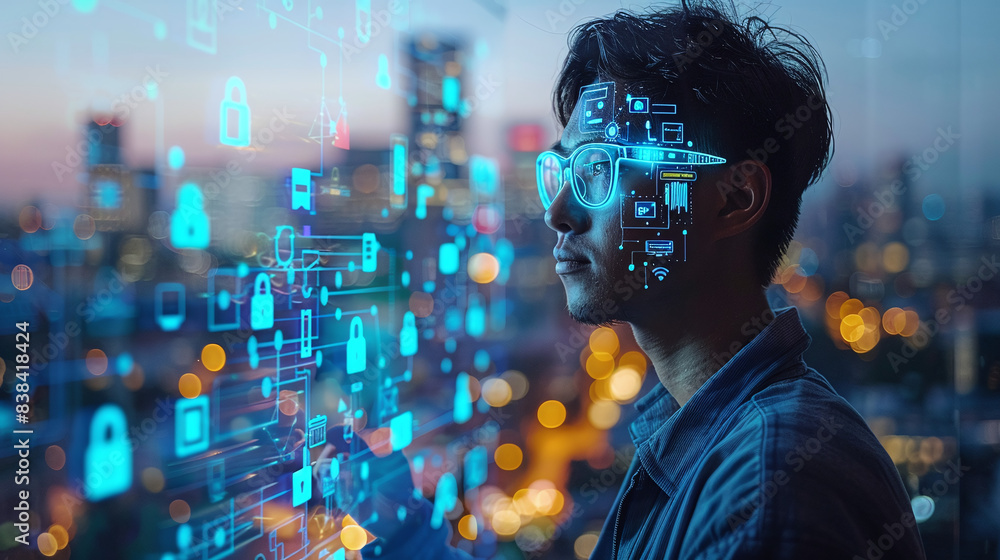 Internet of things, a cybersecurity professional working on securing IoT devices, with digital security icons overlaying, futuristic Internet of things, a cybersecurity professional working on securing IoT devices, with digital security icons overlaying, futuristic