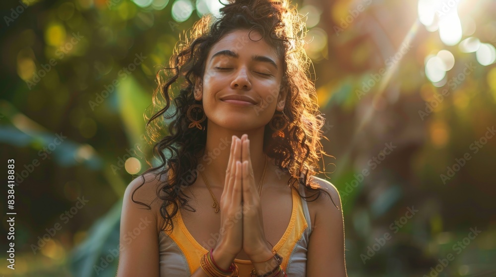 A young woman with curly brown hair meditates with her eyes closed in a garden, bathed in the soft light of the golden hour A young woman with curly brown hair meditates with her eyes closed in a garden, bathed in the soft light of the golden hour