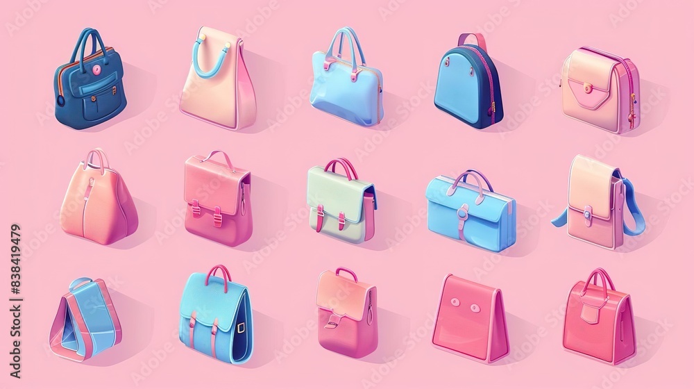 Collection of colorful and stylish bags, backpacks, and totes. Collection of colorful and stylish bags, backpacks, and totes.