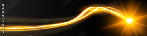Light wave,shiny gold lines.Color glowing design element.Wavy bright stripes.Vector illustration.	
