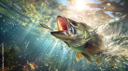 Underwater fish take lure, Sea bass attacking lure underwater close up 