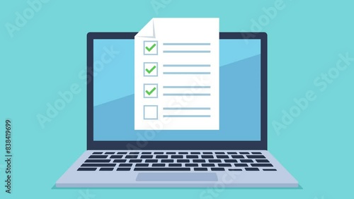 Animation of a laptop with a checklist appearing. The checklist is filled with positive signs. Video clip in flat style.
