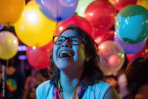 a group of women holding up balloons in the air, a group of women holding up balloons in the air, Excitement and cheers against a backdrop of balloons © SaroStock