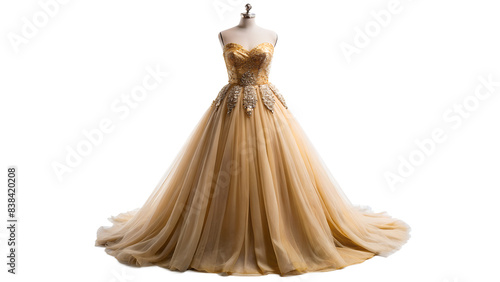 a golden beige dress, decorated with what appeared to be gold sequins or beads on the body