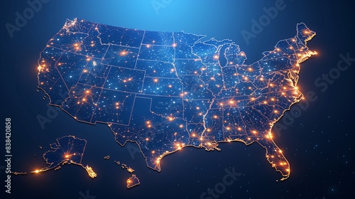 Realistic rendering of the United States map at night, illuminated with city lights on a white background. USA from space at night with city lights showing American cities in United States.